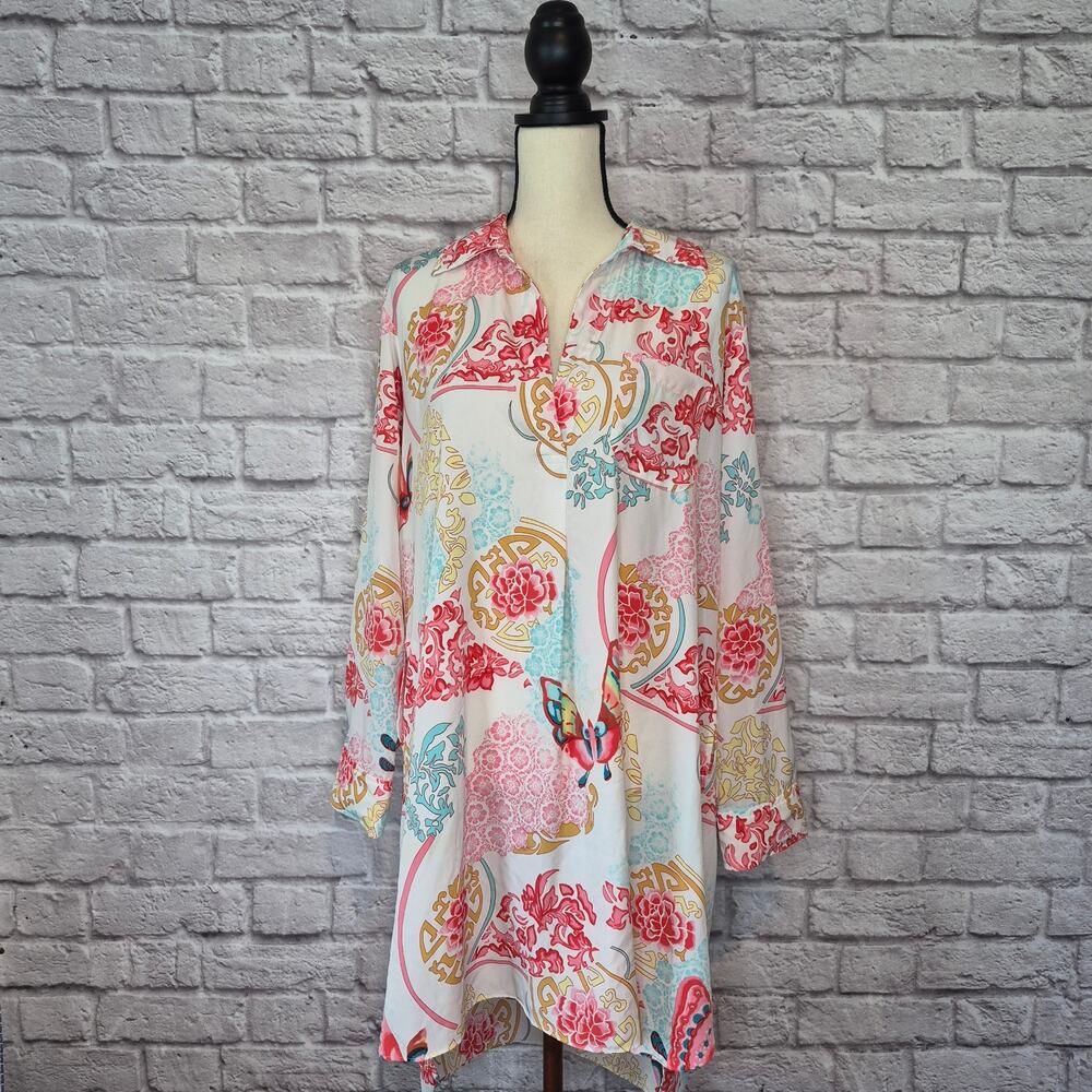 Natori Boho Floral Medallion Tunic Dress Split V Neck Butterfly Sleep Shirt Sz L - Picture 2 of 10